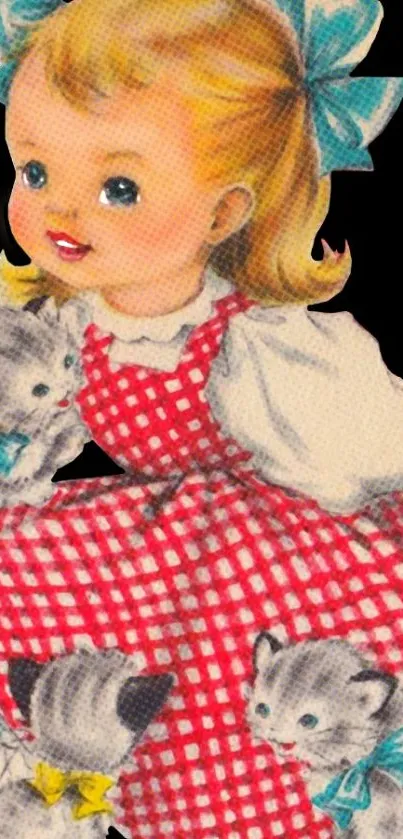 Vintage illustration of a girl in a red checkered dress with playful kittens.