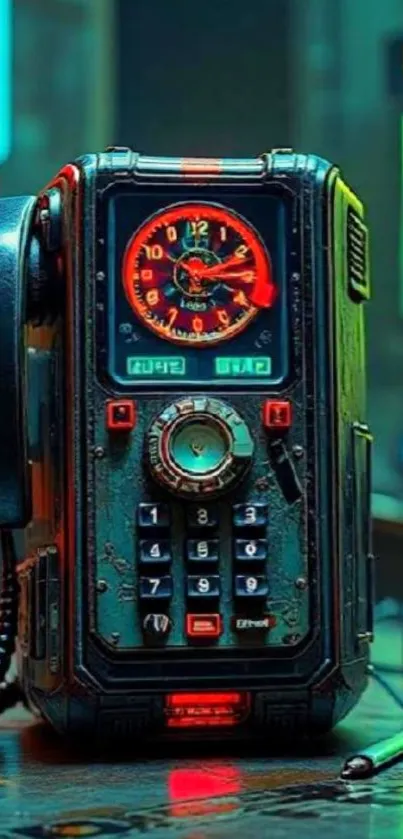 Cyberpunk-inspired vintage phone with neon lights and mechanical clock.