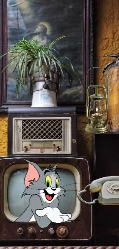 Vintage decor with cartoon character on TV.