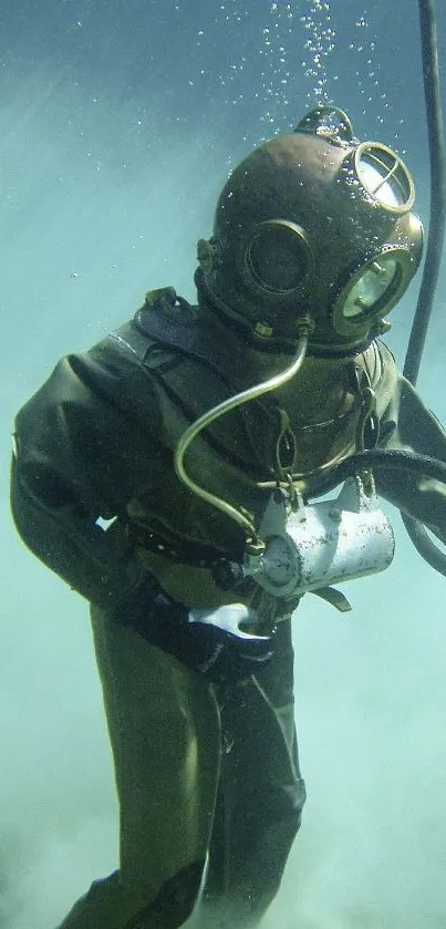 Vintage diver exploring underwater with classic diving suit and helmet.