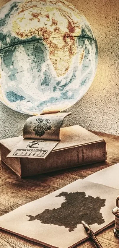 Vintage-themed desk with globe, maps, and candelabra creates a historical atmosphere.