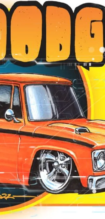 Colorful cartoon of an orange Dodge truck with a monster.