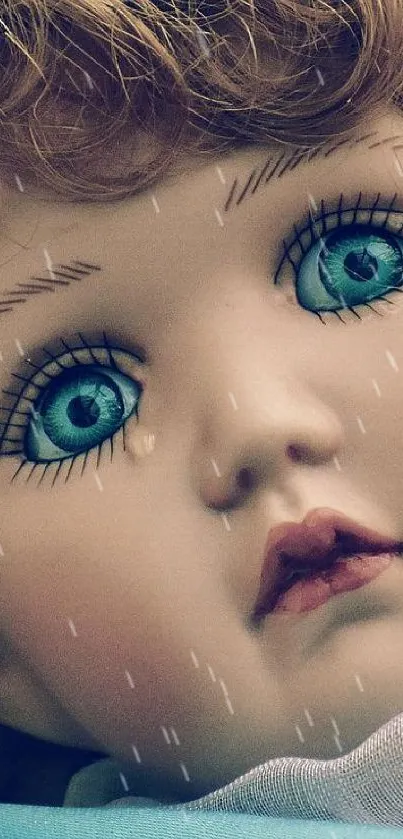 Vintage doll with blue eyes and curls against a white feathered background.