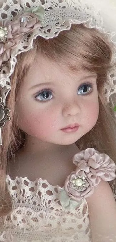 Vintage doll with flowers and lace accents on a beige background.