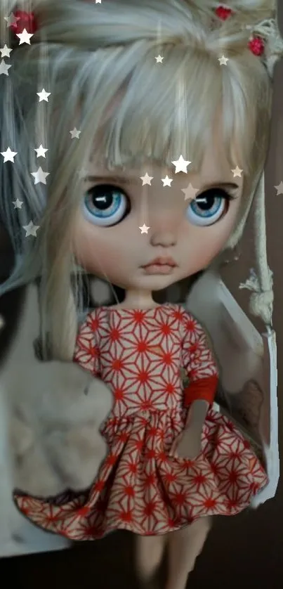 Vintage doll with blue eyes and stars in a whimsical phone wallpaper.