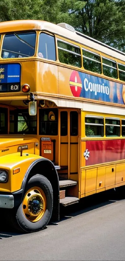 Vintage yellow double-decker bus on road, colorful and classic design.