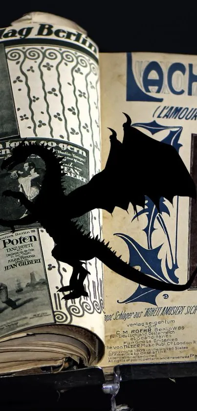 Dragon silhouette over vintage newspapers creates a mystic phone wallpaper.