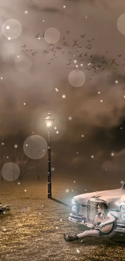 Surreal vintage car scene with guitarist under moonlight. Dreamy mobile wallpaper.
