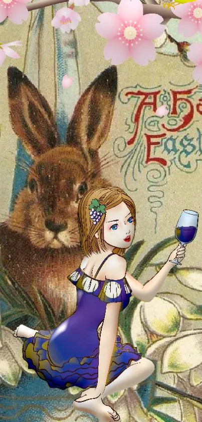 Vintage Easter wallpaper with rabbit and girl in colorful attire.