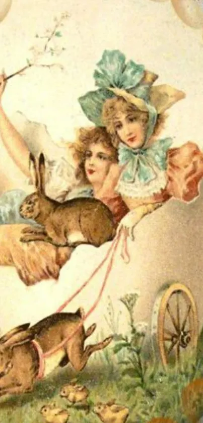 Vintage Easter wallpaper with bunnies, chicks, and women in pastel colors.