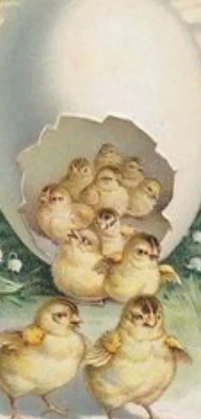 Vintage Easter wallpaper with chicks hatching from an egg.