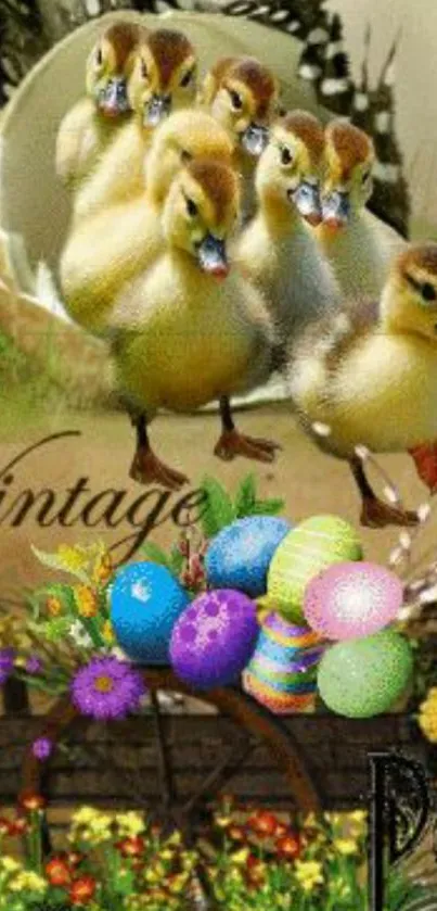 Vintage wallpaper with ducklings and Easter eggs in a spring floral setting.