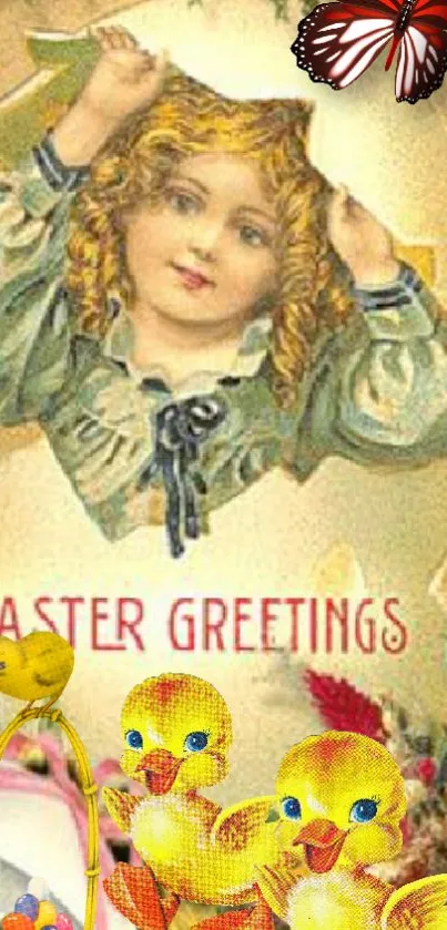 Vintage Easter greeting wallpaper with child and chicks.