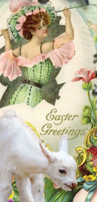 Vintage Easter greeting wallpaper with flowers and a lamb.