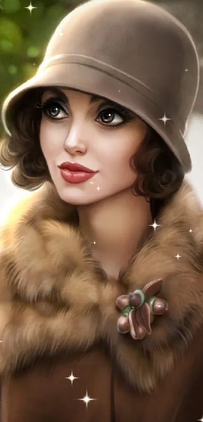 Vintage digital art of a woman in classic attire with a fur coat and cloche hat.