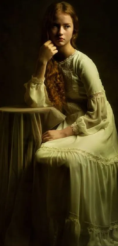 A vintage-inspired portrait of a woman in a soft, elegant dress with moody lighting.