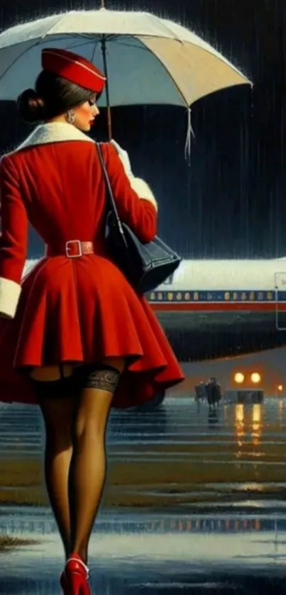 Retro flight attendant holding umbrella at airport, elegant and nostalgic style.