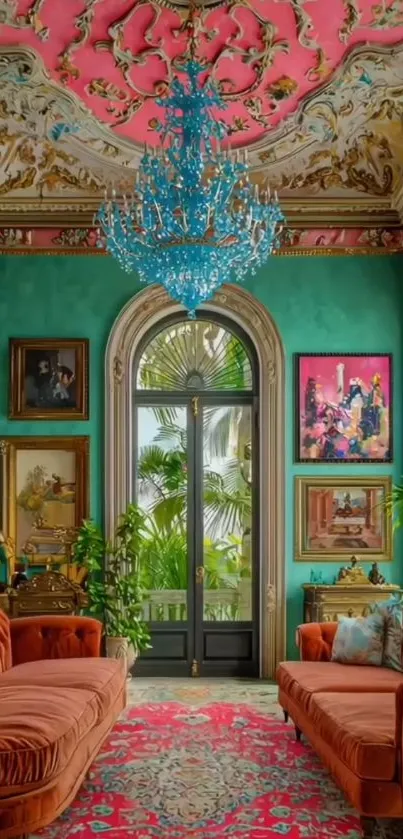 Vintage-style living room with ornate decor and chandelier.