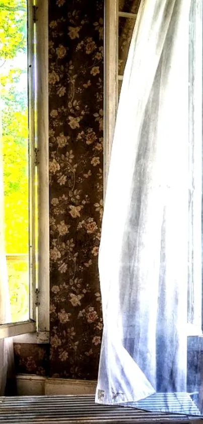 Vintage window with floral wallpaper and sheer curtains.