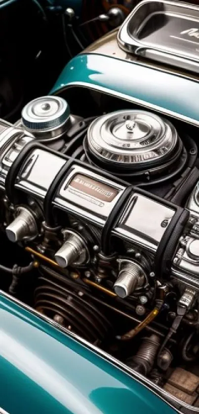 Close-up of a classic car engine with chrome details.