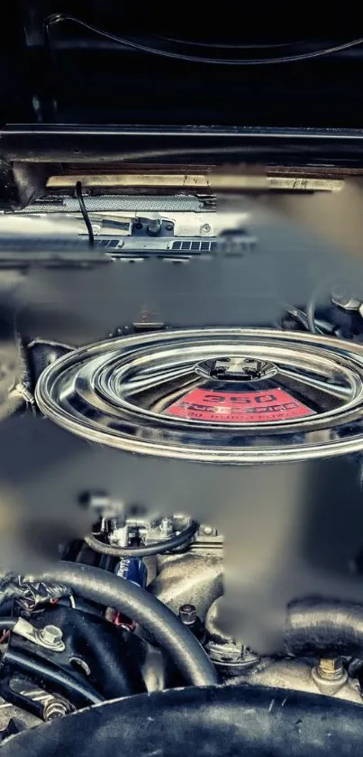 Close-up of a vintage car engine showcasing intricate mechanical details.