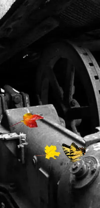 Vintage engine with autumn leaves and a butterfly in gray and yellow tones.