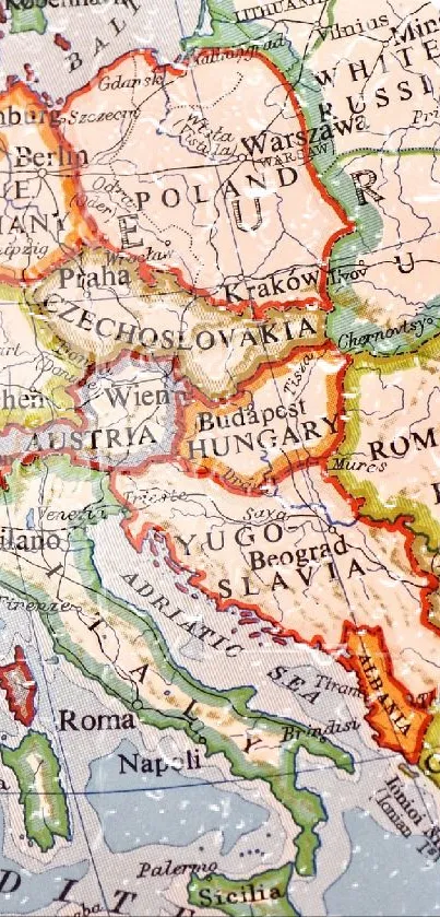 Vintage European map with detailed borders.