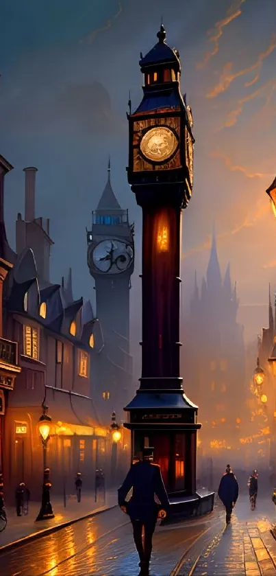 Vintage evening street scene with glowing lamps and clock tower.