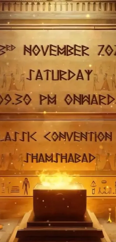 Vintage Egyptian-themed event poster glowing in gold.