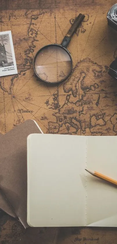 Vintage-themed wallpaper with map, camera, notebook, and pencil.