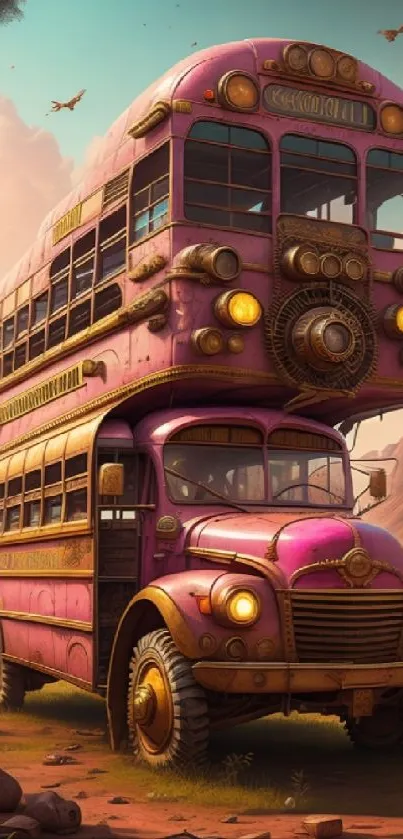 Artistic vintage double-decker bus in a fantasy desert landscape wallpaper.