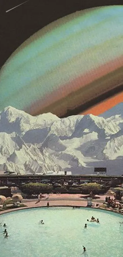 Vintage sci-fi wallpaper with Saturn and mountains.