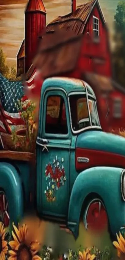 Vintage truck with farm and sunflowers.