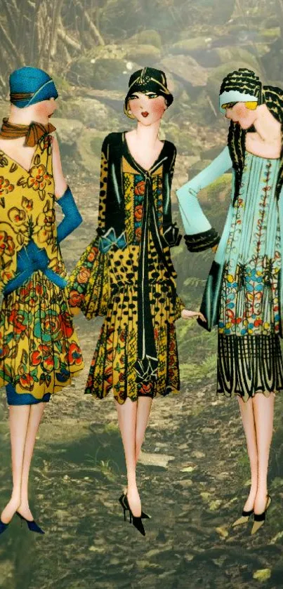 Vintage Art Deco fashion illustration with colorful dresses on a textured forest path.