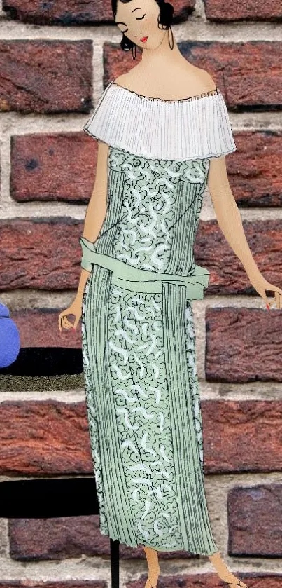 Illustration of a woman in a vintage dress against a brick wall.