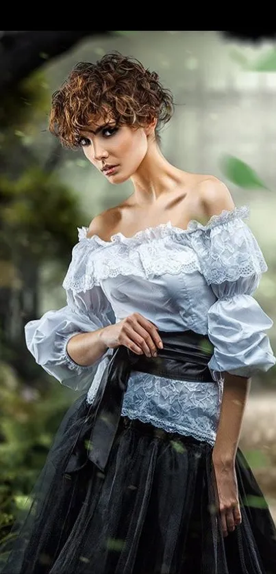 Model in vintage dress amidst forest backdrop.