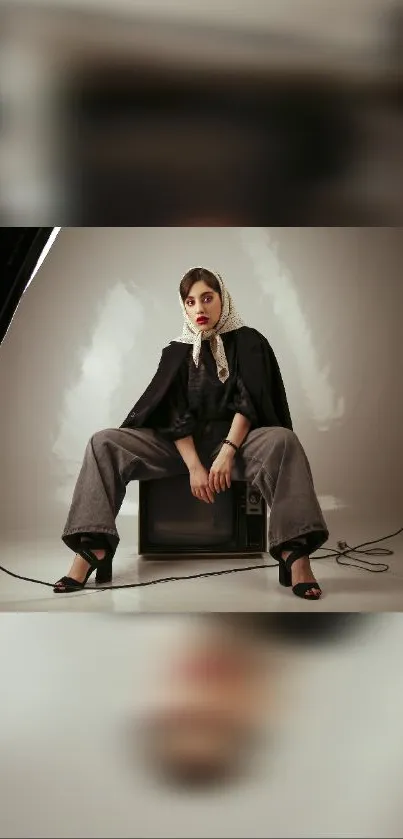 Fashionable woman posing in a vintage-inspired studio setting.