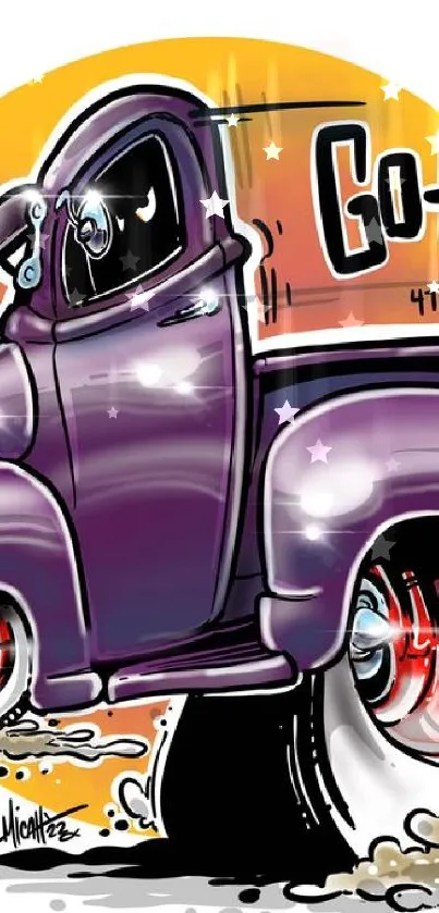 Purple vintage cartoon truck with Go Fast text in vibrant design.