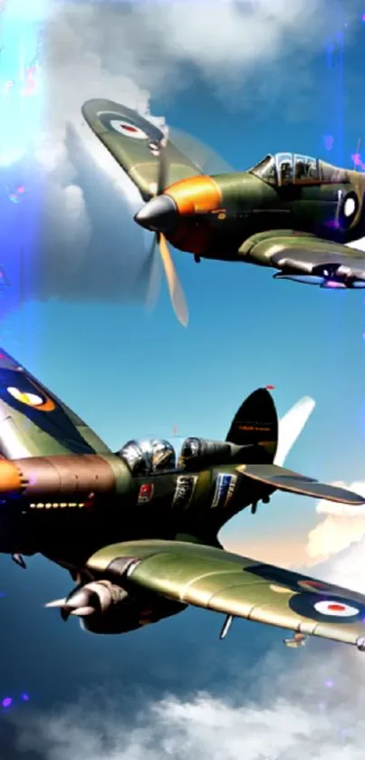 Vintage fighter planes soaring in a bright blue sky.