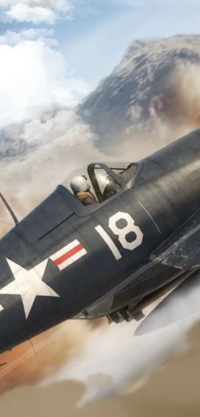 Vintage fighter plane soaring through the sky amidst clouds.