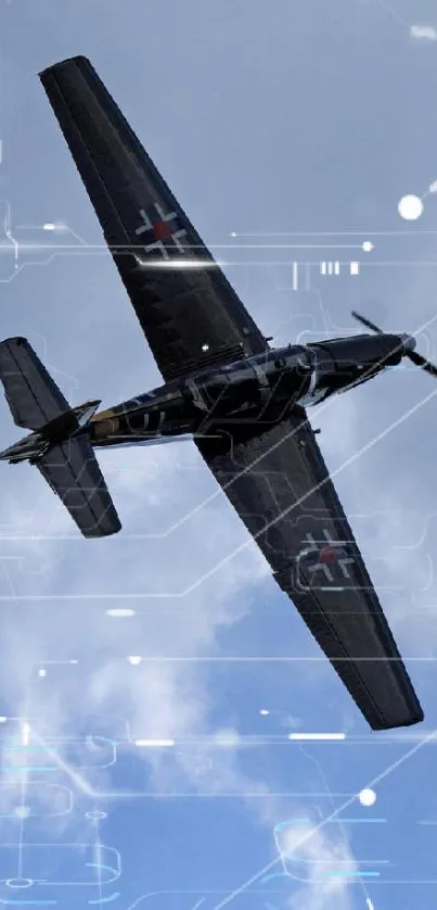 Vintage fighter plane flying in blue cloudy sky.