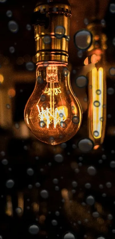 Vintage filament bulb with water droplets on dark background.