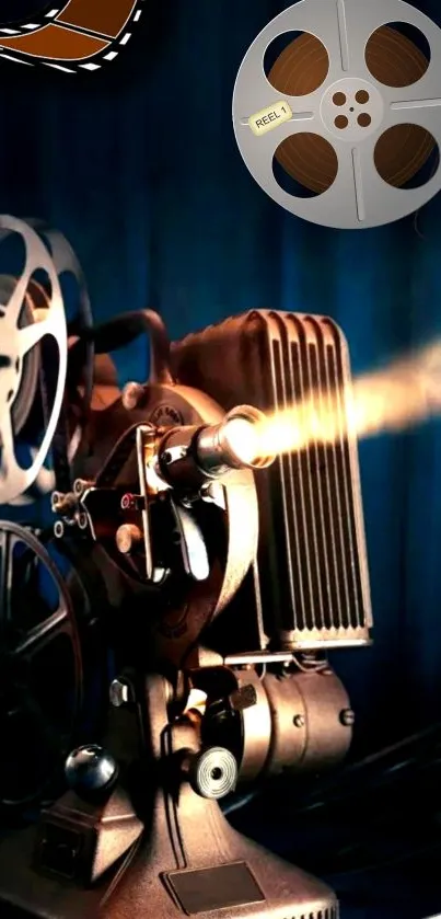 A vintage film projector art wallpaper with reels and cinematic lighting.