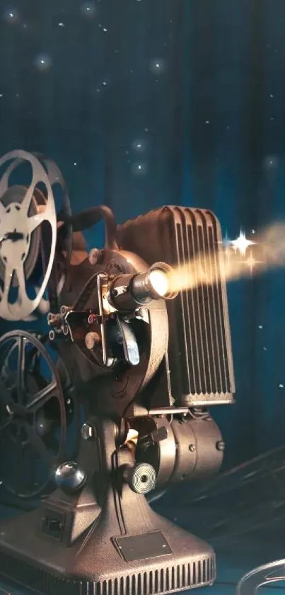 Vintage film projector casting a beam in dark setting.