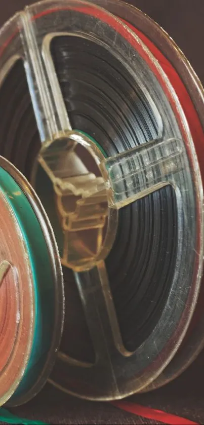 Close-up of vintage film reels with brown background.