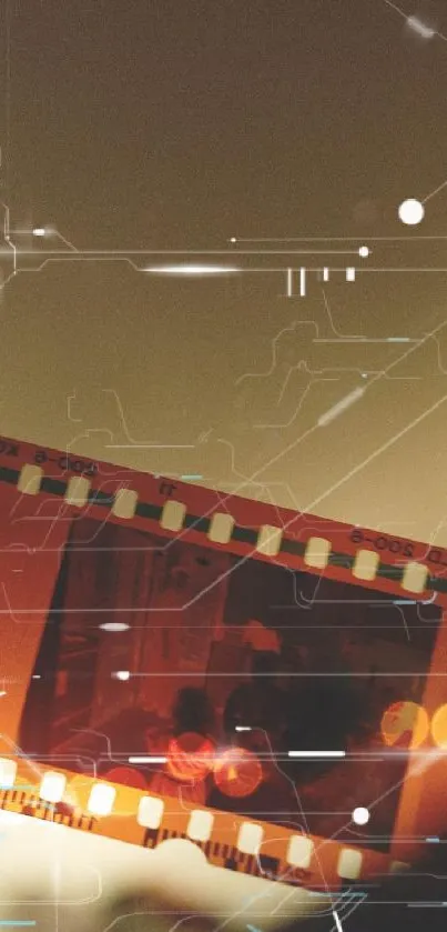Vintage film strip with warm bokeh lighting effect.