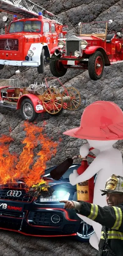 Vintage fire engines and modern firefighter with car on fire.