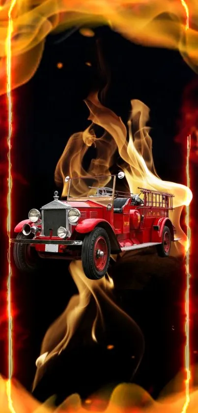 Vintage fire truck with vibrant flames wallpaper.