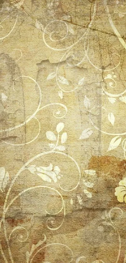 Vintage wallpaper with floral swirls and a rustic texture.