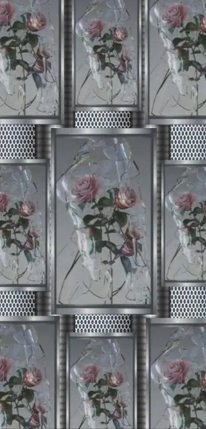 Vintage wallpaper featuring artistic roses in a vase with a grey background.